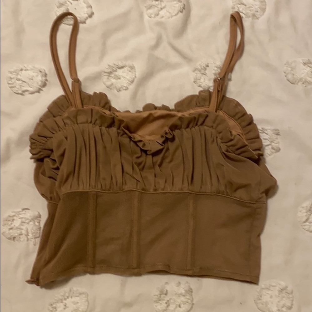 Tiger Mist Brown Ruching Mesh Crop Top - Picture 2 of 4